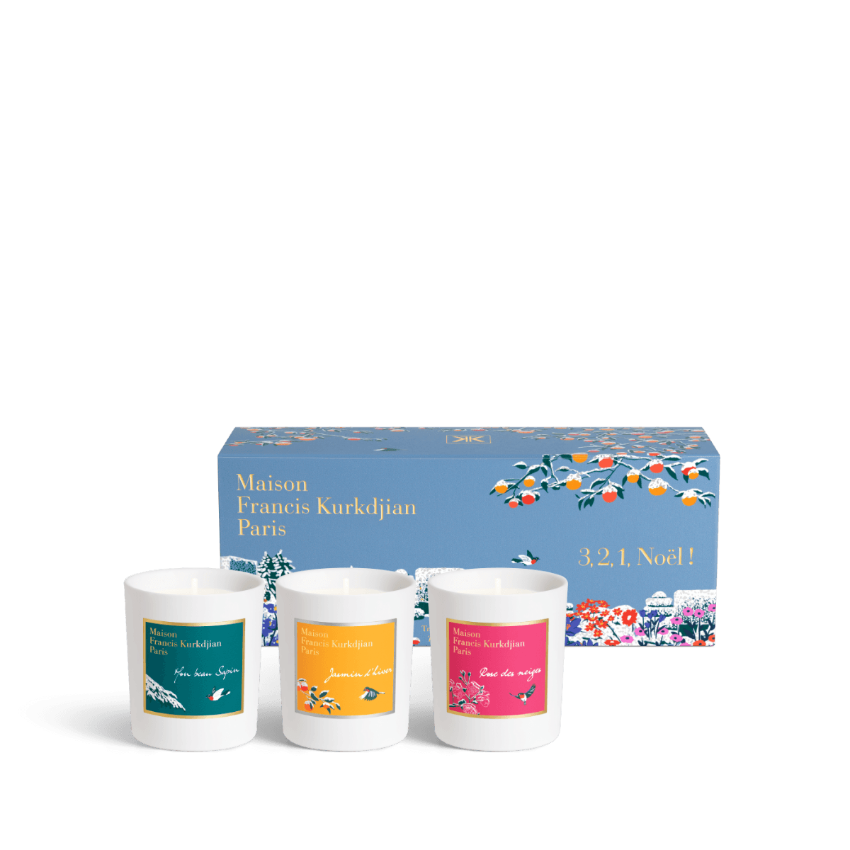 Image of 3 2 1 Noel trio of scented candles by the perfume brand Maison Francis Kurkdjian