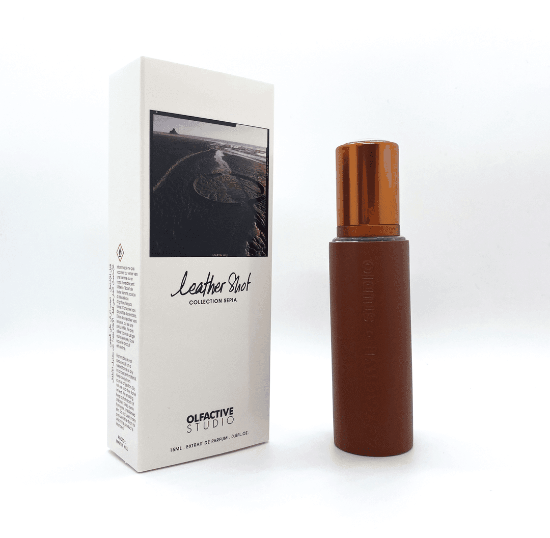 Olfactive Studio Leather Shot Sepia 15ml package | Perfume Lounge